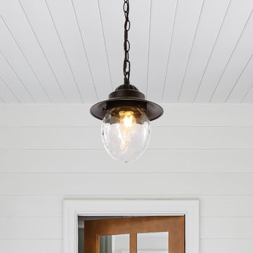 Manteo 8.25" Farmhouse Industrial Iron/Glass Outdoor LED Pendant - JONATHAN Y